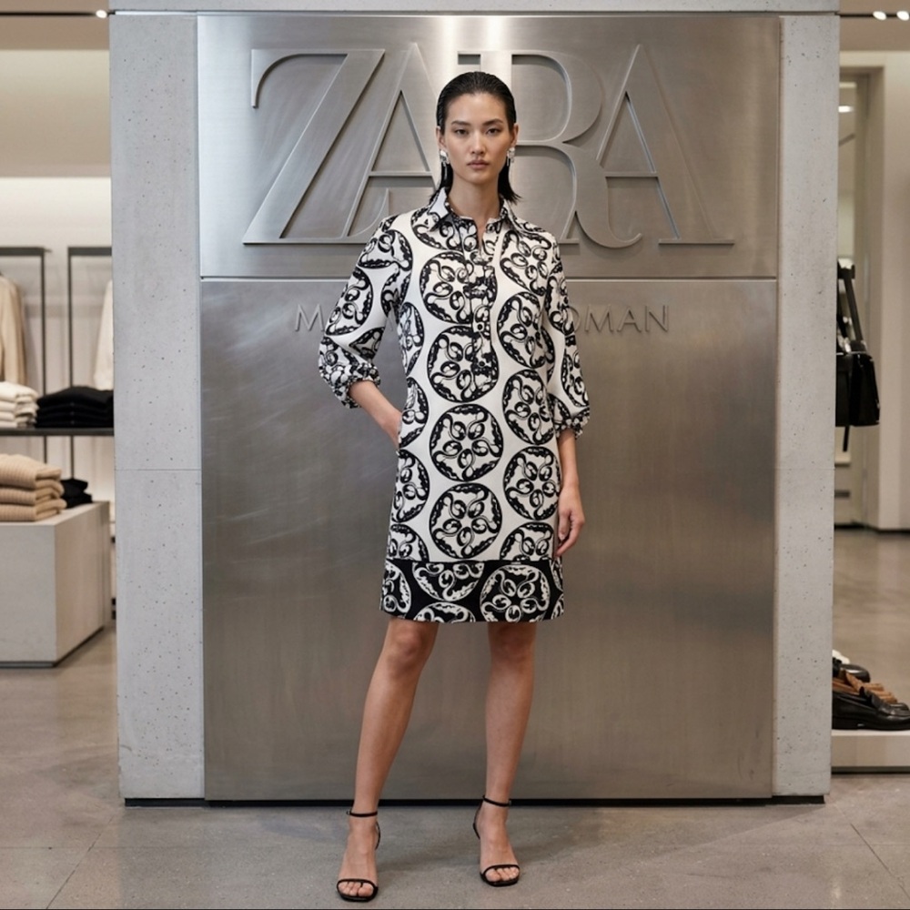 Zara Black and White Printed Shift Dress